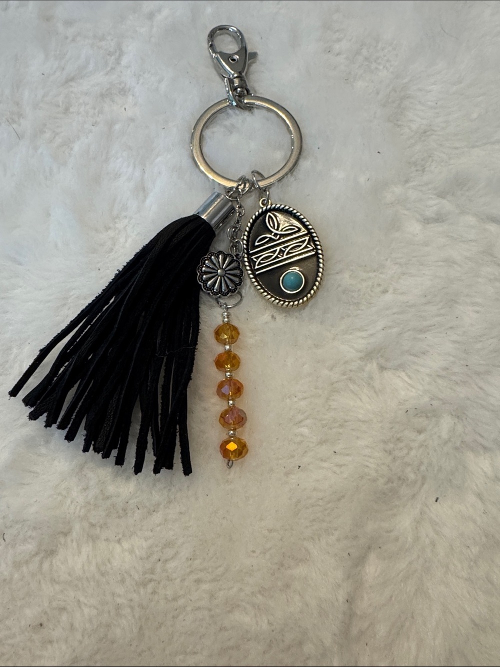 Black Tassel Keychain with Turquoise Accent and Amber Beads - Picture 2 of 2